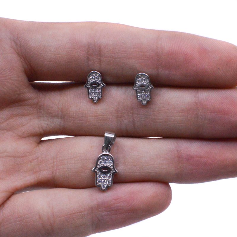 Aretes y Dije Mano de Fatima Plata 925
