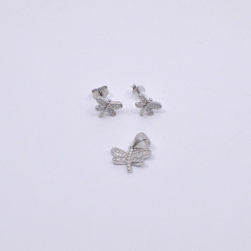 Aretes y Dije Libélula Cuerpo Bolita Plata 925