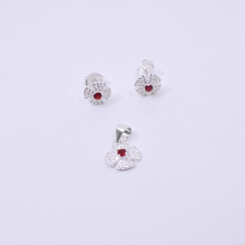 Aretes y Dije Flor con Circón Central Plata 925