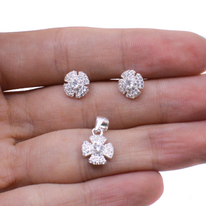 Aretes y Dije Flor con Circón Central Plata 925 - Image 2