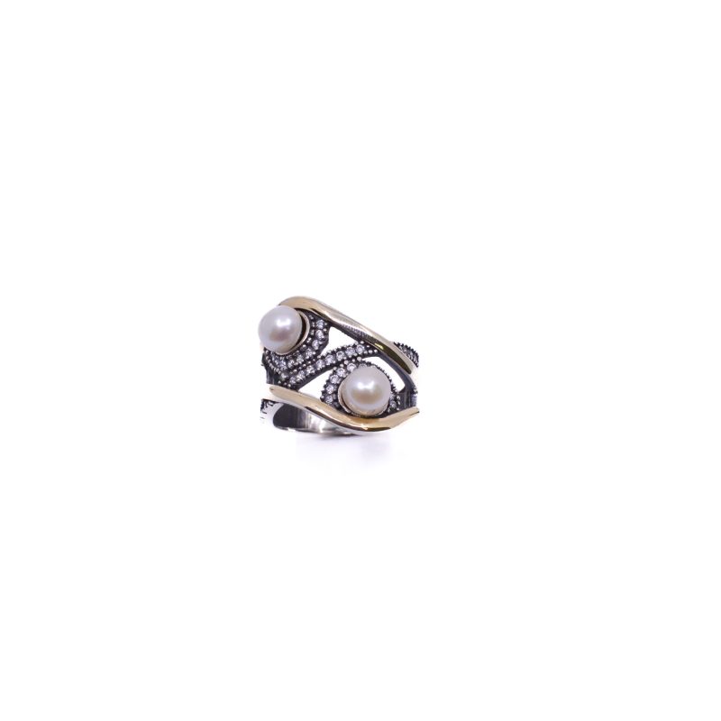 Anillo 2 Perlas Oro Plata