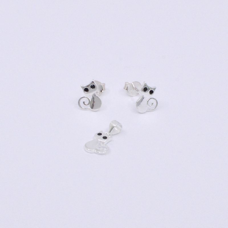 Aretes y Dije de Gato Plata 925
