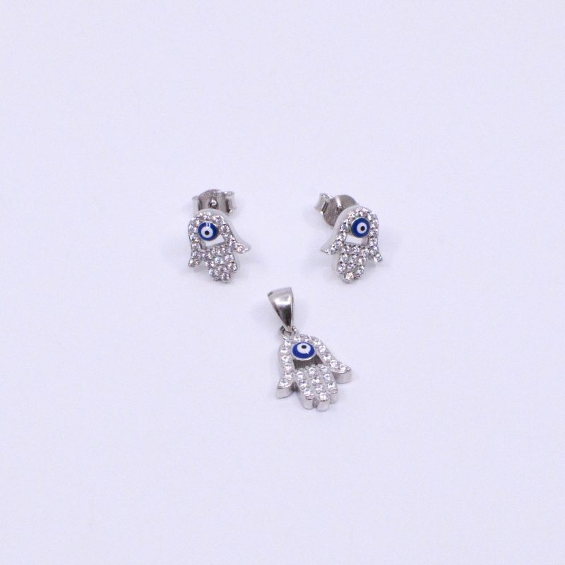 Aretes y Dije Mano de Fatima con Ojo Turco